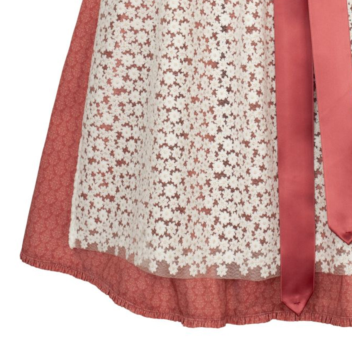 Alpenfee Dirndl Amy Lachs Rot Borte 60cm Mieder Muster: Ornamente Rock Muster: Ornamente Schürzen Muster: Blumen, Edelweiss Ausschnitt: Gerader Ausschnitt, Balkonett Ausschnitt