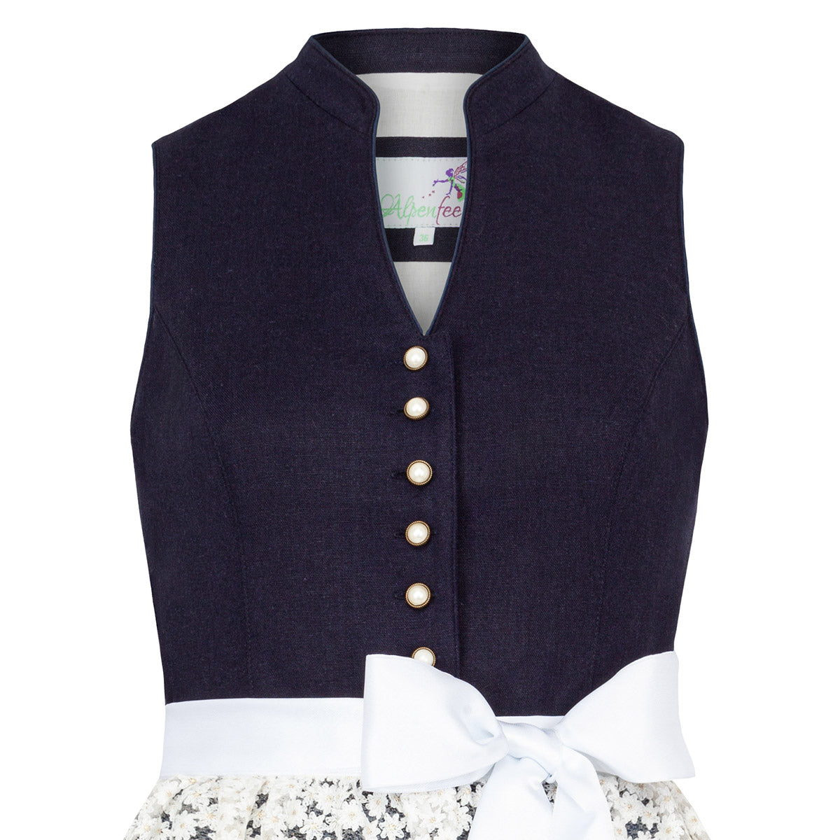 Alpenfee Dirndl Xara Dunkelblau Hochgeschlossen 60cm mit Beidseitige Eingriffstaschen im Rock, Handytasche und Elegant Design Dirndl Längentyp Midi (60-75cm)