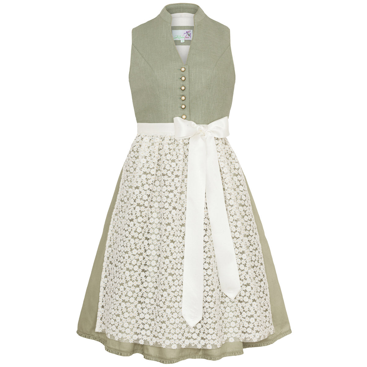Alpenfee Dirndl Xara Mint Grün Hochgeschlossen 60cm mit Knöpfe und Schleife Farbe: Grün, Hellgrün, Mintgrün, Salbei, Minze