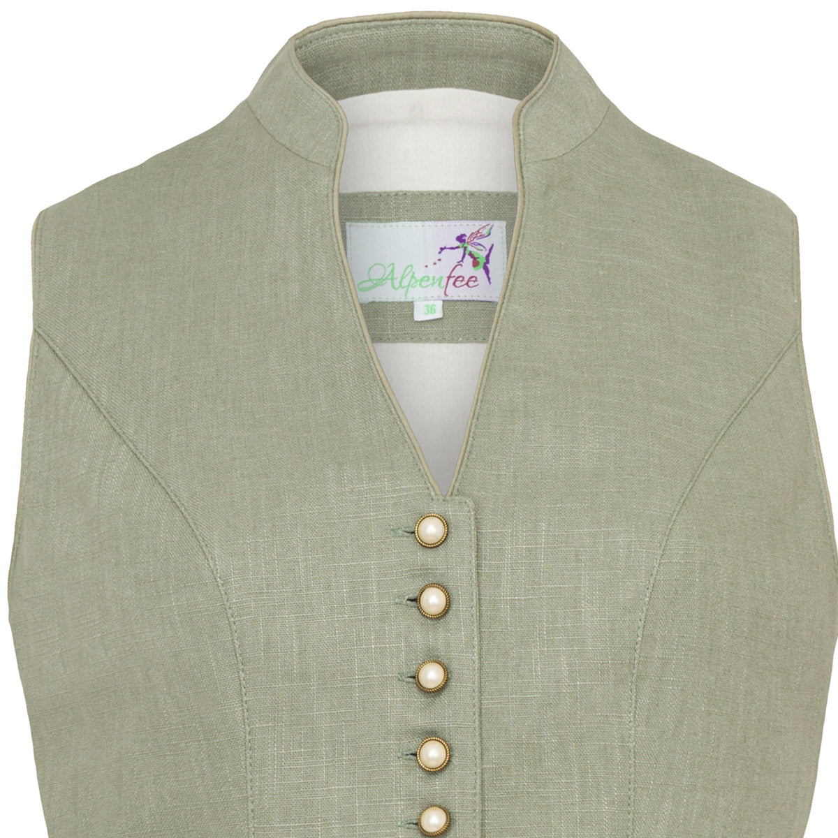Alpenfee Dirndl Xara Mint Grün Hochgeschlossen 60cm Mieder Muster: Leinen Rock Muster: Einfarbig Schürzen Muster: Blumen, Edelweiss Ausschnitt: Hochgeschlossen, V-Ausschnitt
