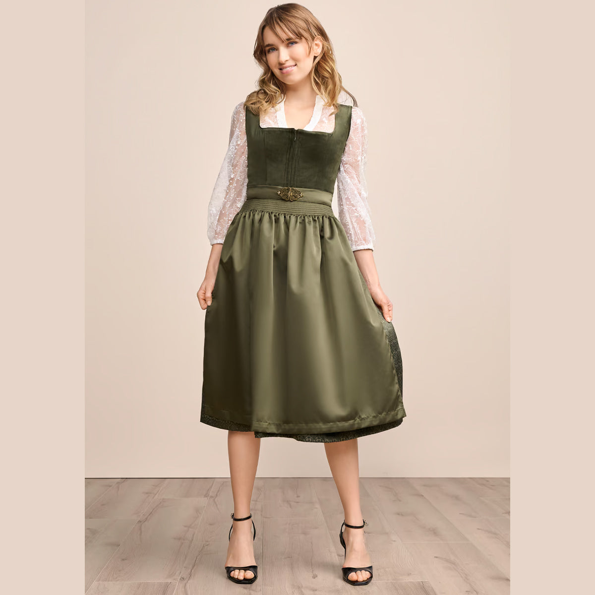 Krüger Dirndl Livie Oliv Grün Samt Reißverschluss 70cm - Datschi Trachten