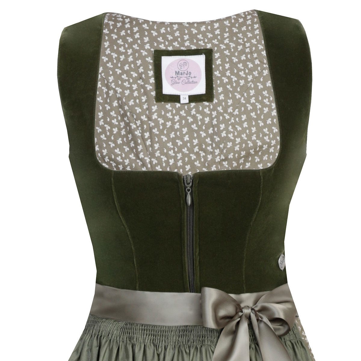 MarJo Dirndl Clara Dunkelgrün/Moos Samt 65cm Mieder Muster: Einfarbig, Samt Rock Muster: Blumen Schürzen Muster: Einfarbig Ausschnitt: Gerader Ausschnitt, Balkonett Ausschnitt