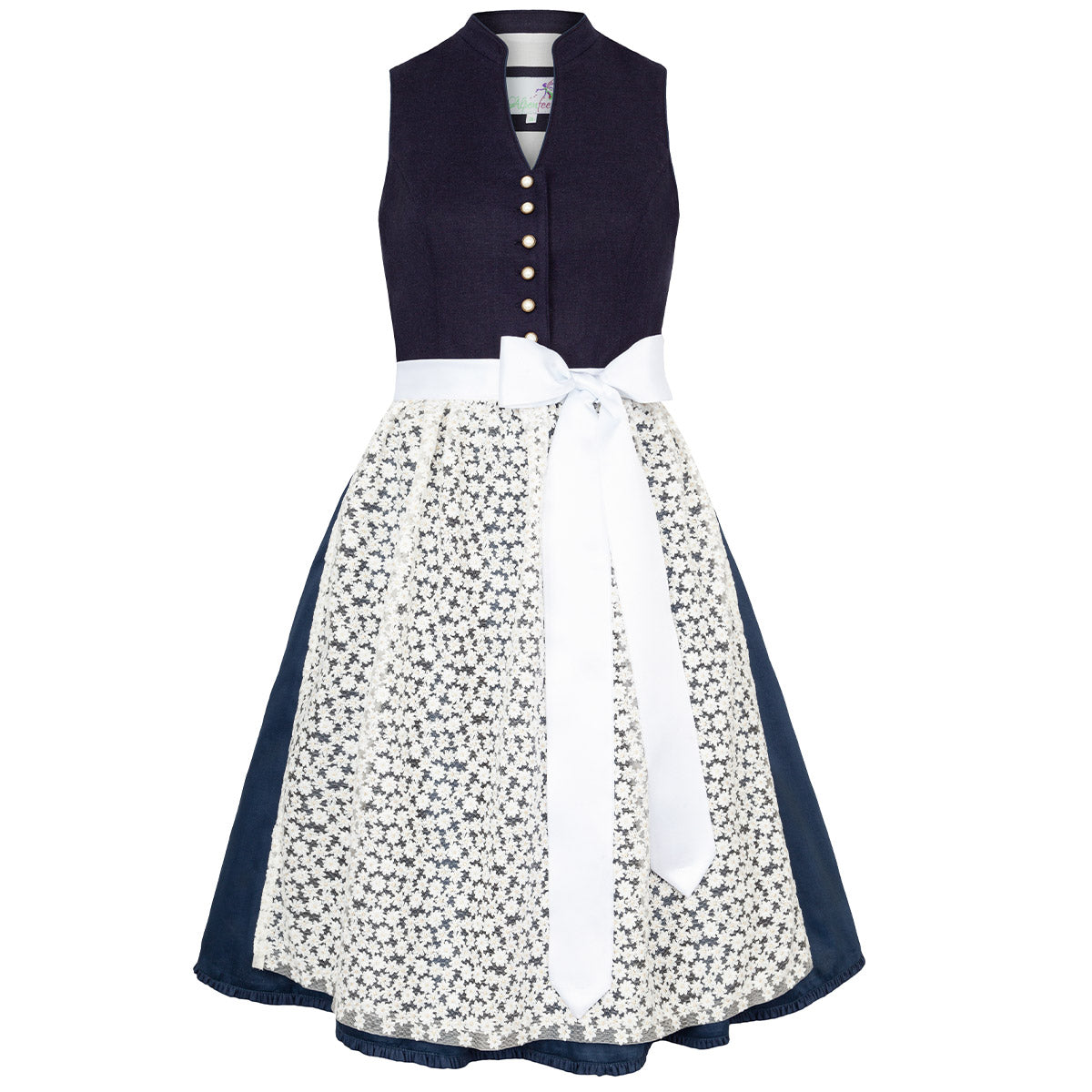 Alpenfee Dirndl Xara Dunkelblau Hochgeschlossen 60cm mit Knöpfe und Schleife Farbe: Blau,  Dunkelblau,  Weiß,  Nachtblau,  Navy Blau