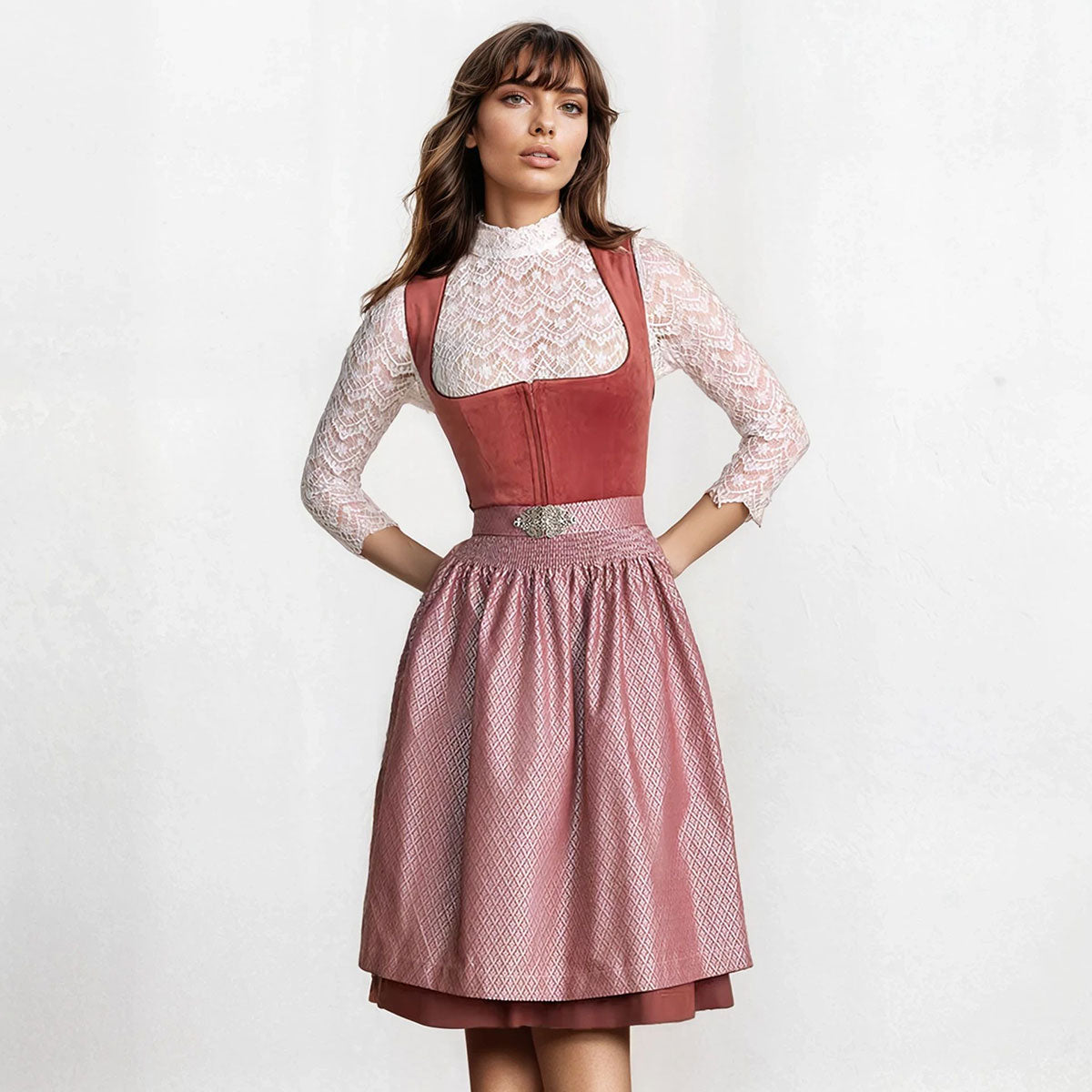 Krüger Dirndl Alisha Rost/Rosa Samtdirndl 60cm - Datschi Trachten