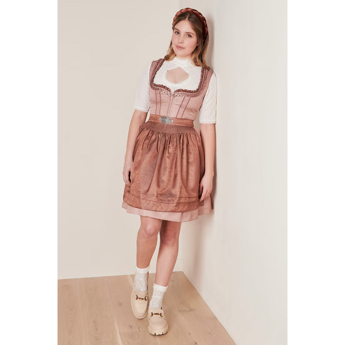 Krüger Dirndl Zafina Bronze Herz-Ausschnitt 50cm mit Reißverschluss und Schließe Farbe: Bronze,  Rose