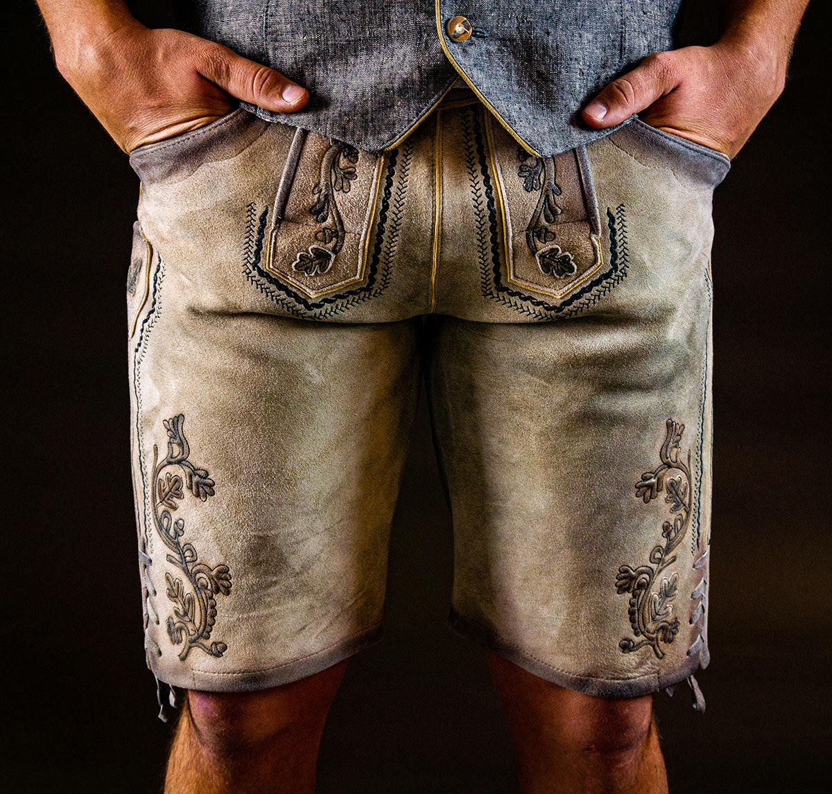 Datschi Trachten Lederhose Hartl Wildbock Beige mit Schnürung am Bein