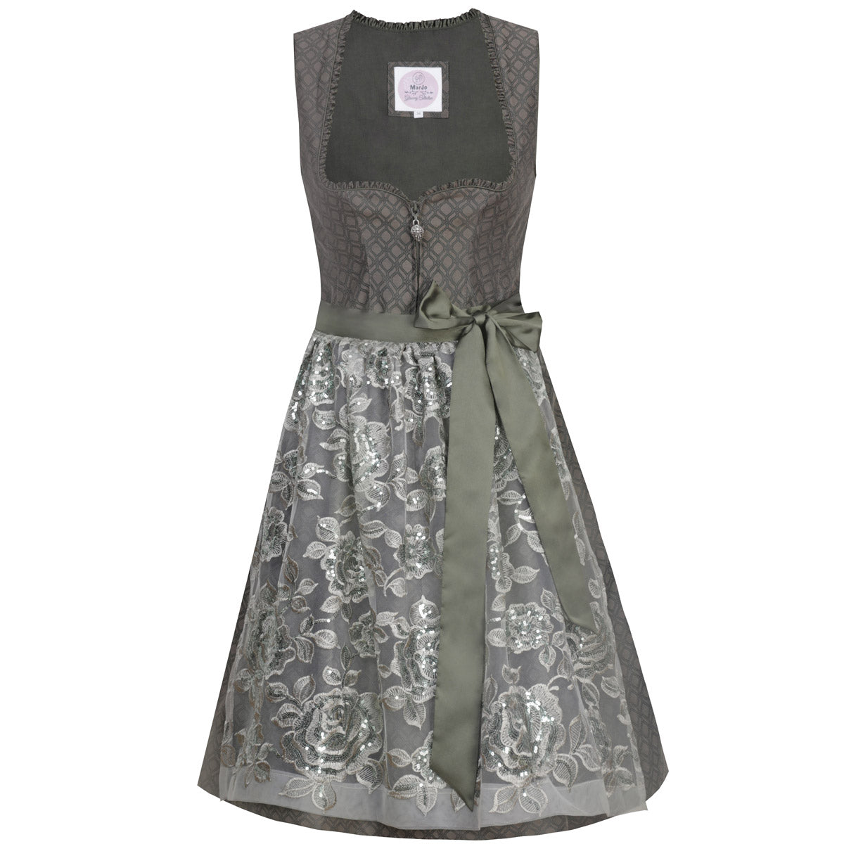 MarJo Dirndl Ampfing Waldgrün Florale Stickerei 65cm mit Reißverschluss und Schleife Farbe: Grün,  Dunkelgrün,  Khaki,  Salbei,  Waldgrün,  Tannengrün