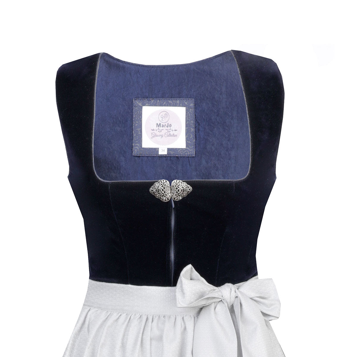 MarJo Dirndl Heidi-Dunkelblau/Silber Samt 75cm mit Beidseitige Eingriffstaschen im Rock und Elegant Design Dirndl Längentyp Midi (60-75cm)