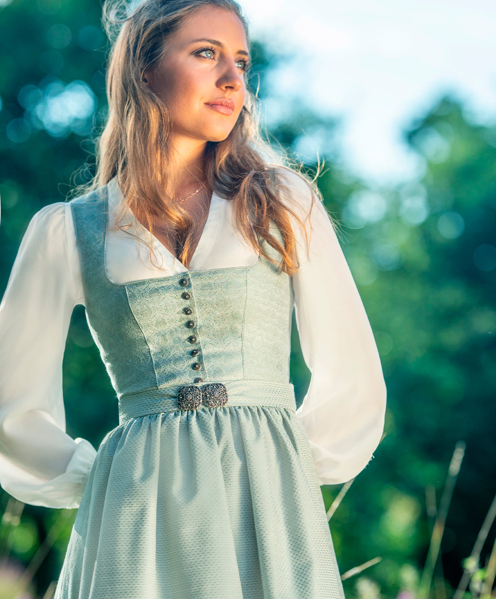 MarJo Dirndl Medlingen Gletscher/Mint Gerader Ausschnitt 70cm Mieder Muster: Blumen,  Ornamente Rock Muster: Blumen,  Ornamente Schürzen Muster: Gepunktet Ausschnitt: Gerader Ausschnitt,  Balkonett Ausschnitt