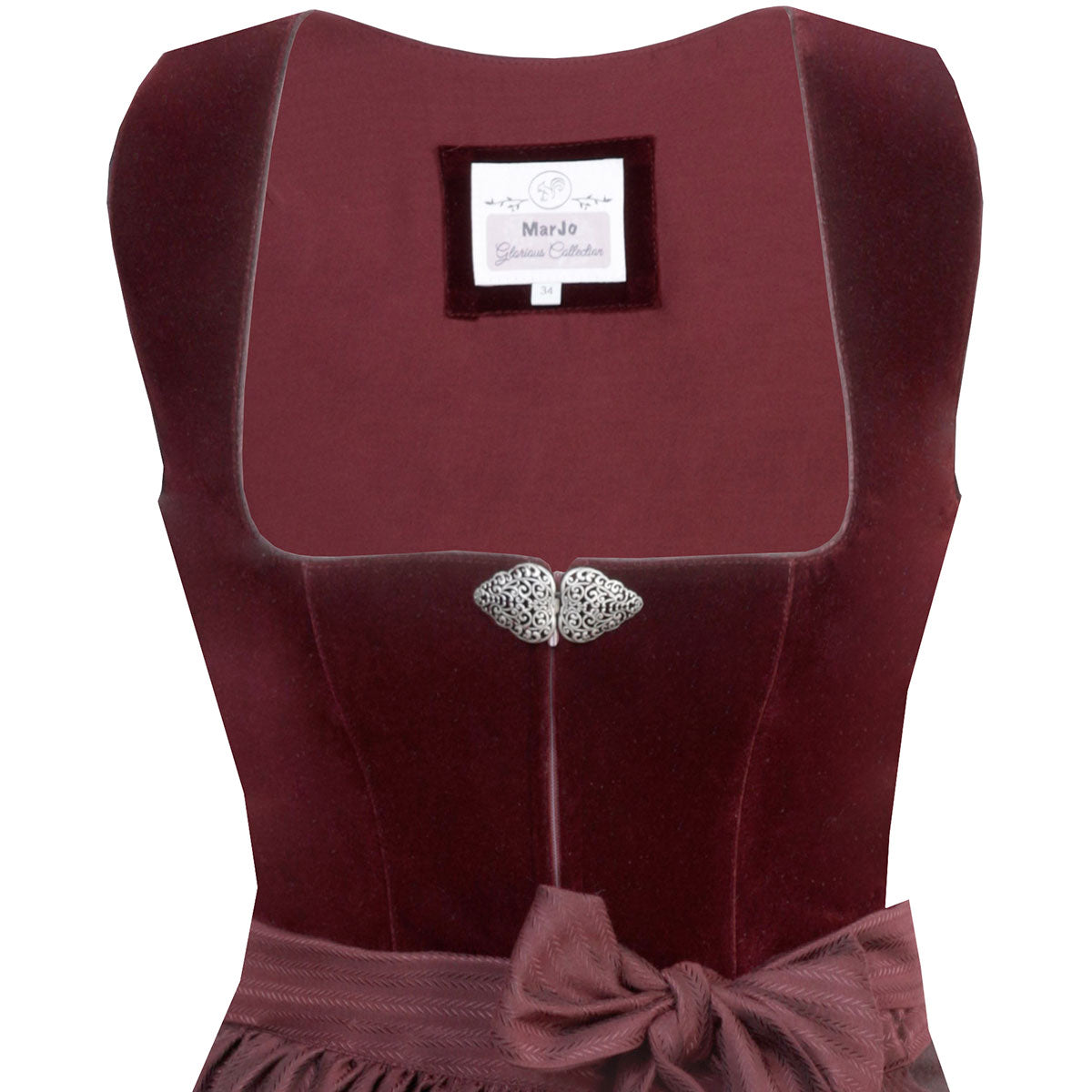 MarJo Dirndl Susi Weinrot/Bordeaux 65cm Mieder Muster: Einfarbig,  Samt Rock Muster: Blumen,  Ornamente Schürzen Muster: Einfarbig,  Gestreift Ausschnitt: Gerader Ausschnitt,  Balkonett Ausschnitt