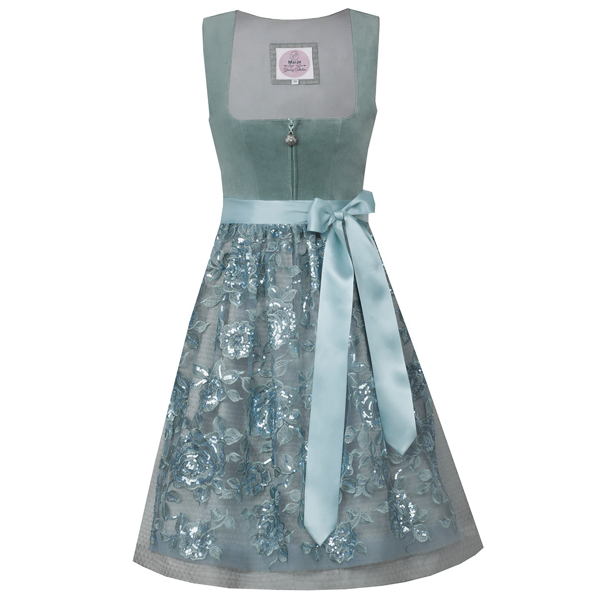 MarJo Dirndl Veitsbronn Jade/Smaragdgrün Floral 65cm mit Reißverschluss und Schleife Farbe: Blau,  Hellblau,  Mintgrün,  Salbei,  Mint,  Minze,  Türkis